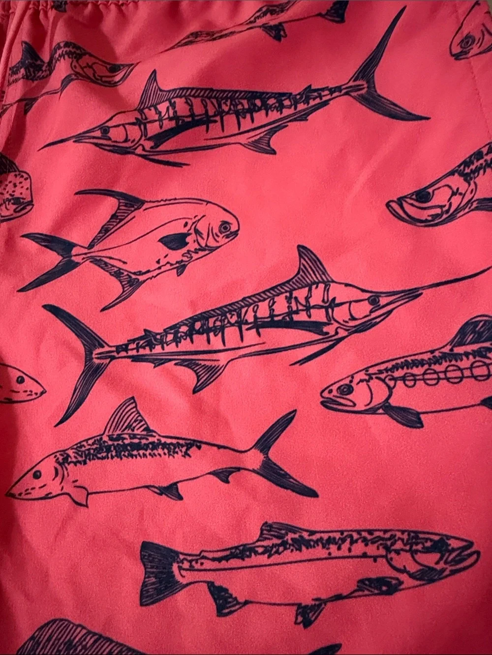 Vineyard Vines Coral Swim Trunks with Navy Fish Print